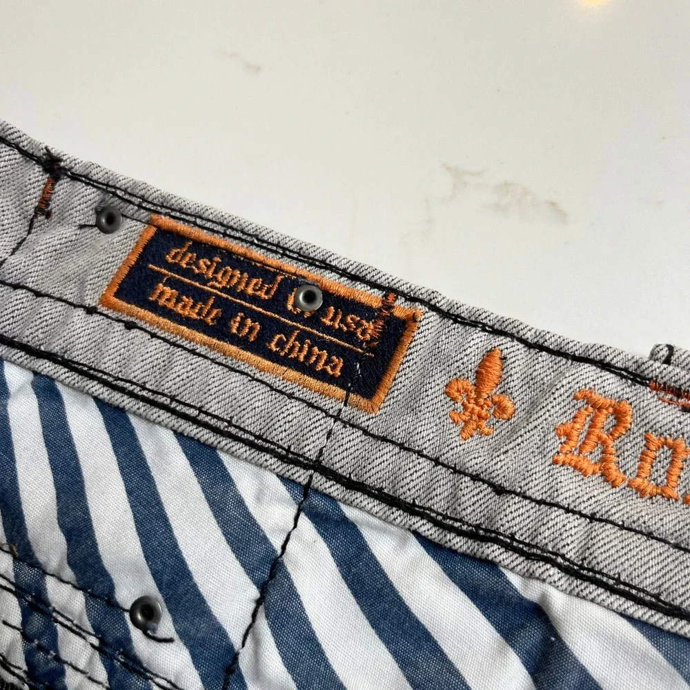 Rock Revival Dan Straight Mens 38 Gray Jeans Heavy Black Stitch Fleur-De-Lis Y2K